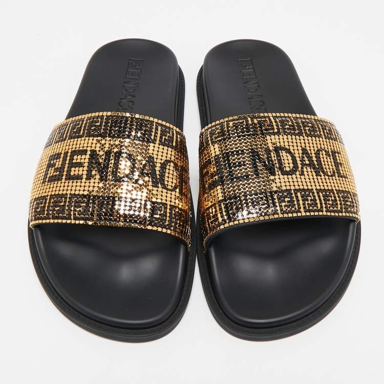 Pre Owned Fendi x Versace Gold Metal and Leather Flat Slides Size 40