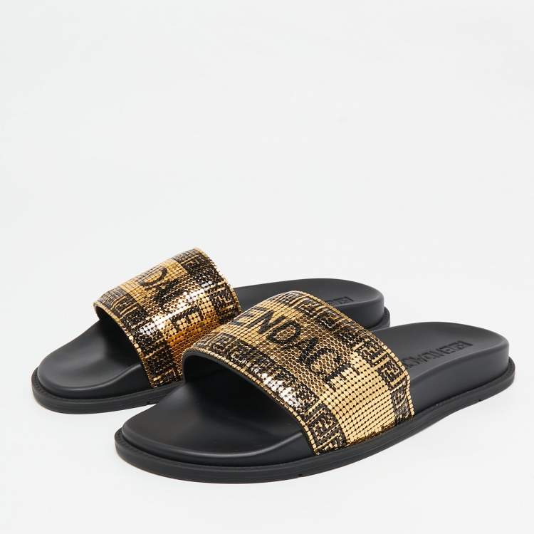Pre Owned Fendi x Versace Gold Metal and Leather Flat Slides Size 40