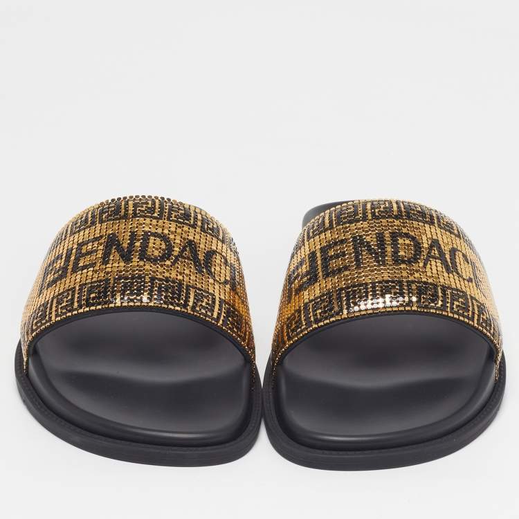 مملوكة مسبقًا Fendi x Versace Size 44 Gold/Black Metal Mesh Pool Slide Flat Sandals