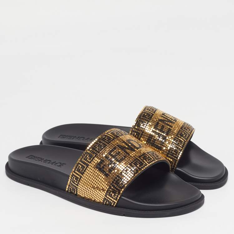 مملوكة مسبقًا Fendi x Versace Size 44 Gold/Black Metal Mesh Pool Slide Flat Sandals