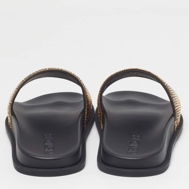 مملوكة مسبقًا Fendi x Versace Size 44 Gold/Black Metal Mesh Pool Slide Flat Sandals