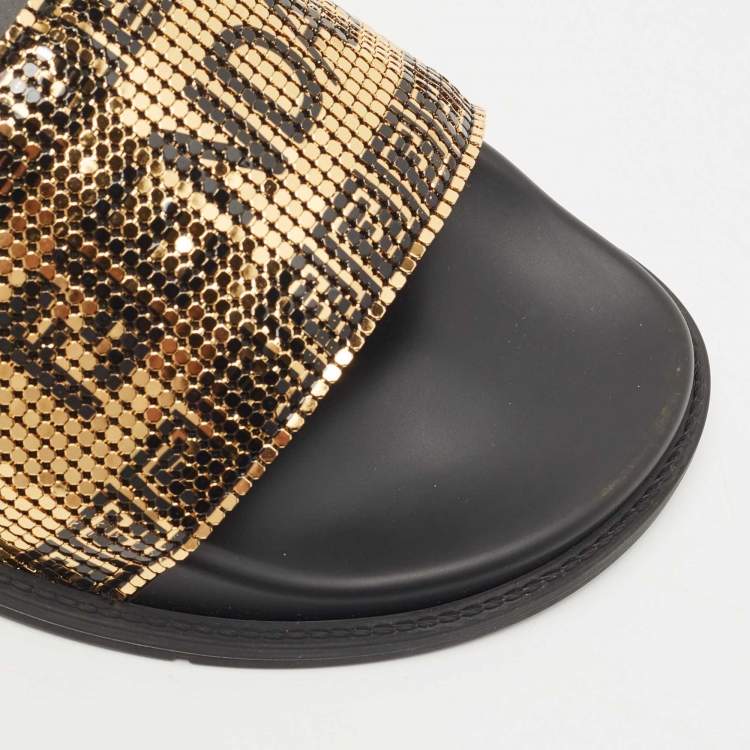 Pre Owned Fendi x Versace Gold Metal and Leather Flat Slides Size 40