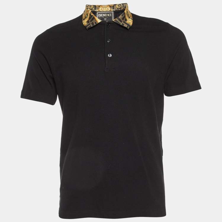 Pre Owned Fendance Black Cotton Pique Printed Collar Polo T-Shirt M