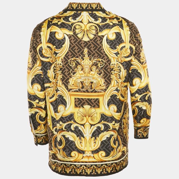 Pre Owned Fendace Black/Yellow FF Barocco Print Silk Shirt S