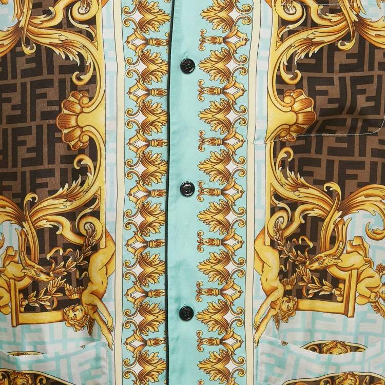 Pre Owned Fendace Aqua Blue Baroque Print Silk Pajama Shirt S  