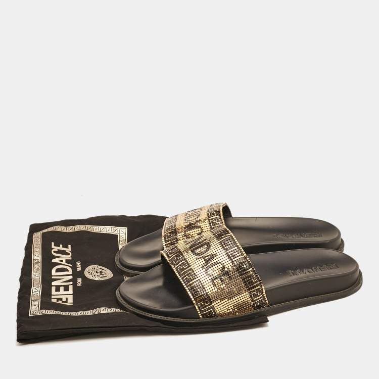 Pre Owned Fendi x Versace Gold Metal and Leather Flat Slides Size 44