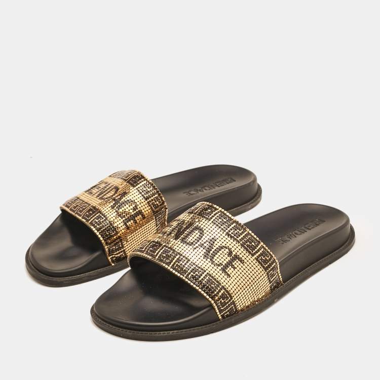 Pre Owned Fendi x Versace Gold Metal and Leather Flat Slides Size 44