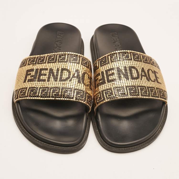 Pre Owned Fendi x Versace Gold Metal and Leather Flat Slides Size 44