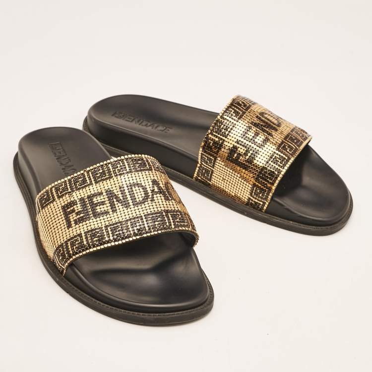 Pre Owned Fendi x Versace Gold Metal and Leather Flat Slides Size 44