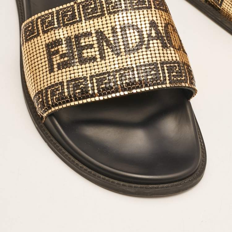 Pre Owned Fendi x Versace Gold Metal and Leather Flat Slides Size 44