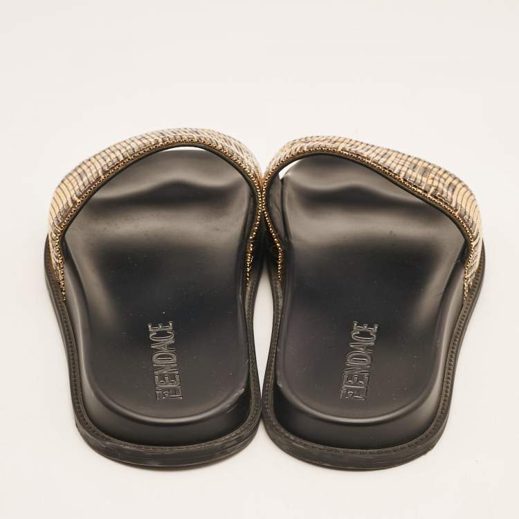 Pre Owned Fendi x Versace Gold Metal and Leather Flat Slides Size 44