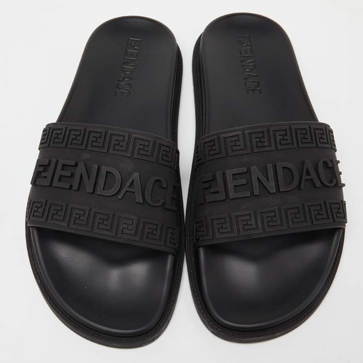 Pre Owned Fendi x Versace Black Rubber Flat Slides Size 44