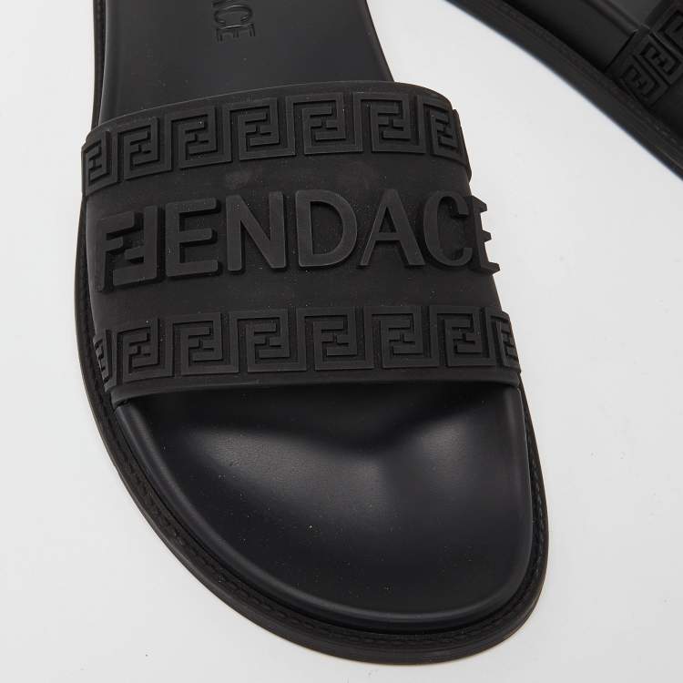 Pre Owned Fendi x Versace Black Rubber Flat Slides Size 44