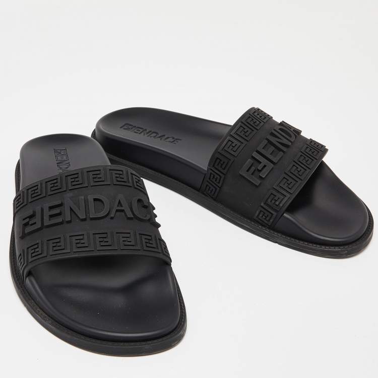 Pre Owned Fendi x Versace Black Rubber Flat Slides Size 44