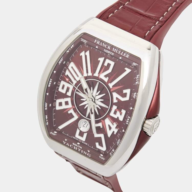Pre Owned Franck Muller Burgundy Stainless Steel Rubber Alligator Leather Vanguard Yachting V 45 SC DT AC BO Men's Wristwatch 45 mm