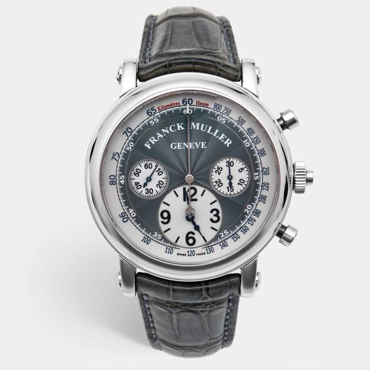 Pre Owned Franck Muller Double SIded Rattrapante 7008 CC RC DF Grey Dial Stainless Steel Alligator Leather Men's Wristwatch 44 mm