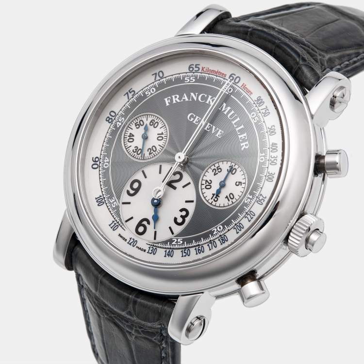 Pre Owned Franck Muller Double SIded Rattrapante 7008 CC RC DF Grey Dial Stainless Steel Alligator Leather Men's Wristwatch 44 mm