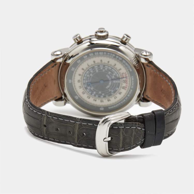 Pre Owned Franck Muller Double SIded Rattrapante 7008 CC RC DF Grey Dial Stainless Steel Alligator Leather Men's Wristwatch 44 mm