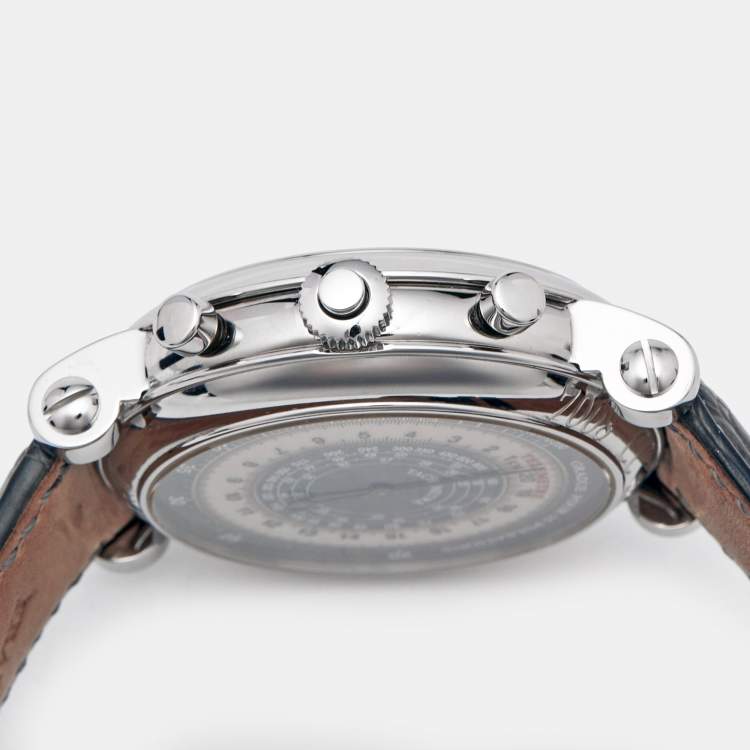 Pre Owned Franck Muller Double SIded Rattrapante 7008 CC RC DF Grey Dial Stainless Steel Alligator Leather Men's Wristwatch 44 mm