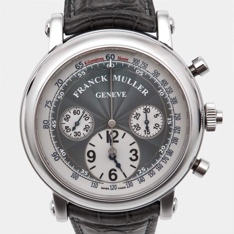 Pre Owned Franck Muller Double SIded Rattrapante 7008 CC RC DF Grey Dial Stainless Steel Alligator Leather Men's Wristwatch 44 mm