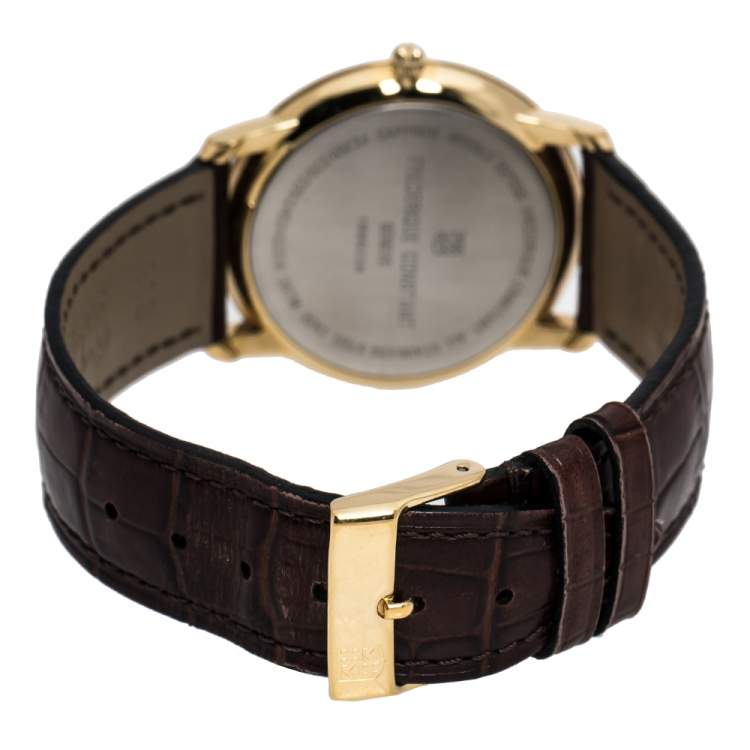 Pre Owned Frederique Constant Silver Yellow Gold Plated Stainless Steel Crococalf Leather Classic Slim Line Men's Wristwatch 37 mm