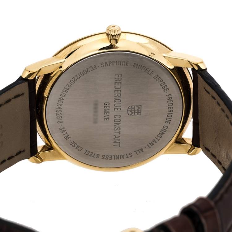 Pre Owned Frederique Constant Silver Yellow Gold Plated Stainless Steel Crococalf Leather Classic Slim Line Men's Wristwatch 37 mm