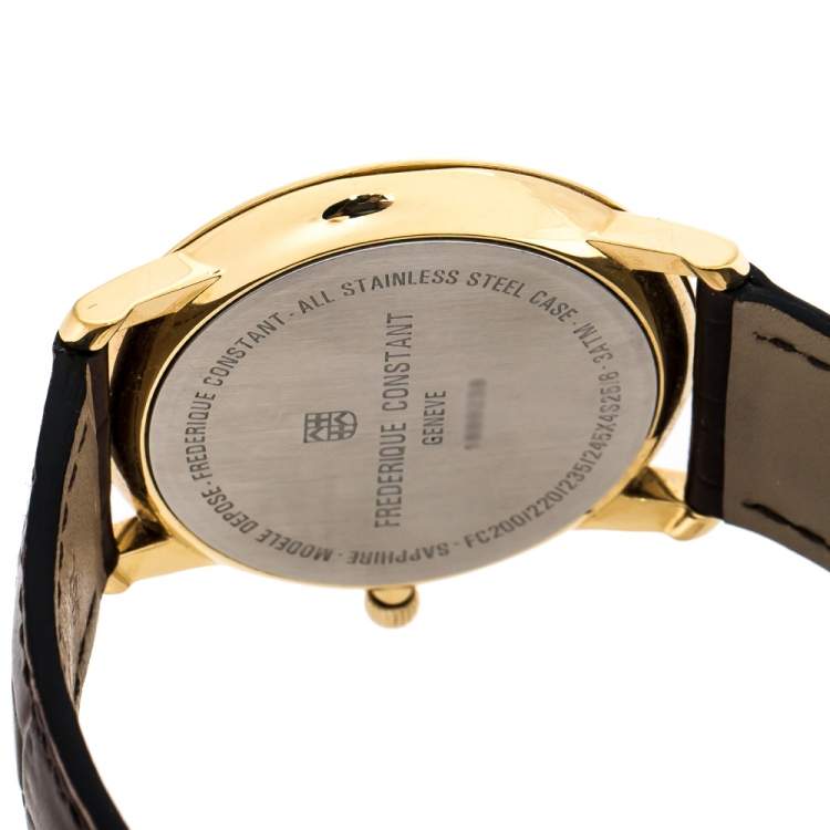 Pre Owned Frederique Constant Silver Yellow Gold Plated Stainless Steel Crococalf Leather Classic Slim Line Men's Wristwatch 37 mm