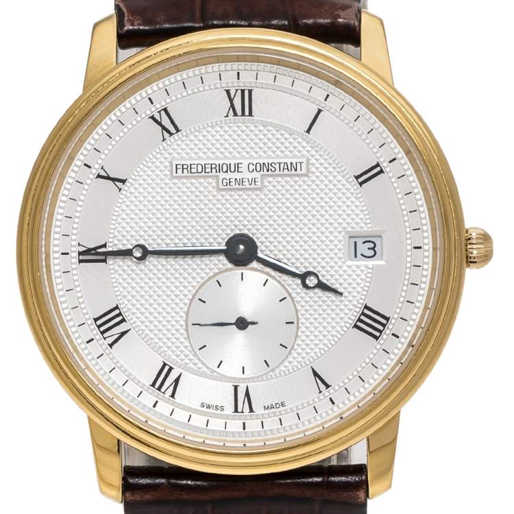 Frederique Constant Silver Yellow Gold Plated Stainless Steel Crococalf Leather Classic Slim Line Men S Wristwatch 37 Mm Frederique Constant Tlc