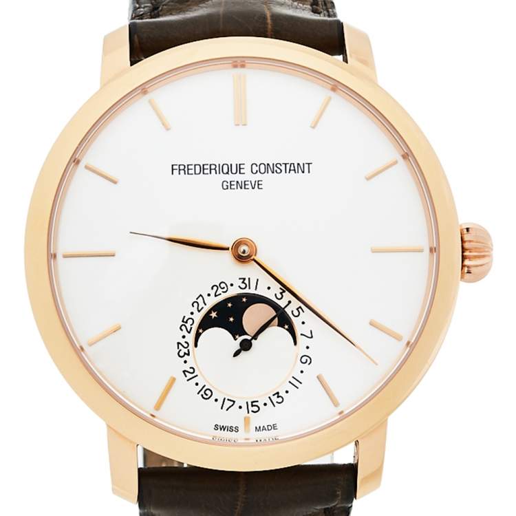 Pre Owned Frederique Constant Rose Gold Plated Stainless Steel Leather Slimline Moonphase Men's Wristwatch 42 mm
