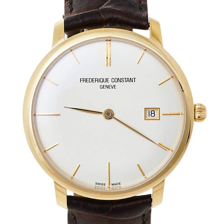 Pre Owned Frederique Constant Silver Gold Plated Stainless Steel Leather Slimline FC-306X4S25/6 Men's Wristwatch 40 mm