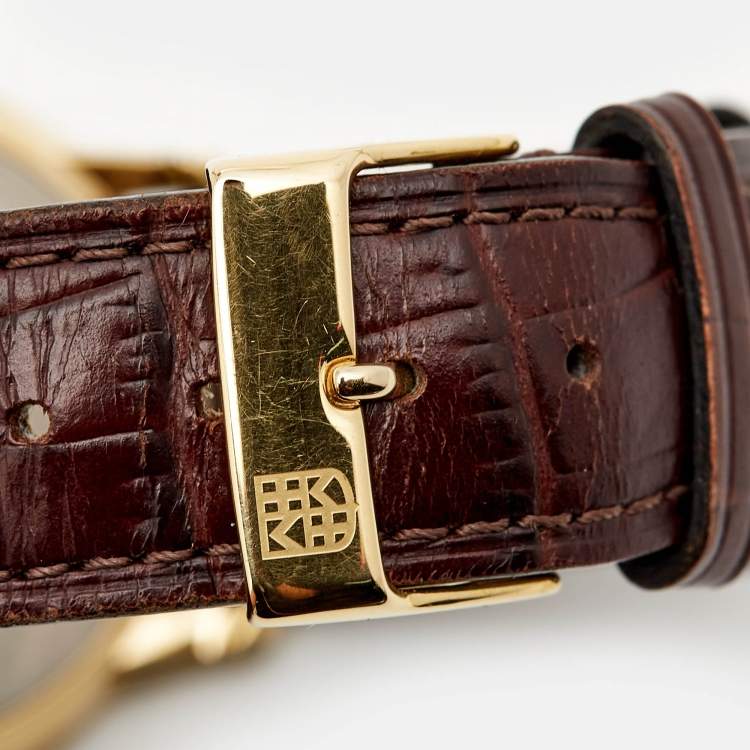 Pre Owned Frederique Constant Silver Gold Plated Stainless Steel Crococalf Leather Classic Slim Line FC200/220/235/245X4S25/6 Men's Wristwatch 37 mm