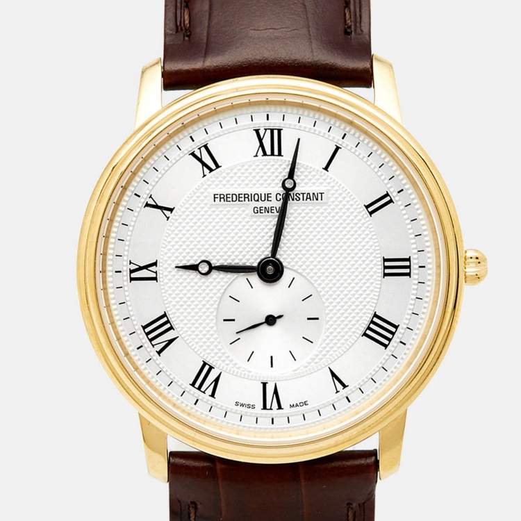Pre Owned Frederique Constant Silver Gold Plated Stainless Steel Crococalf Leather Classic Slim Line FC200/220/235/245X4S25/6 Men's Wristwatch 37 mm