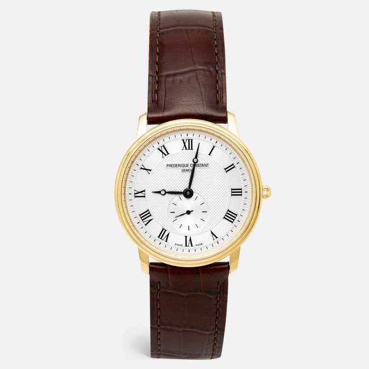 Pre Owned Frederique Constant Silver Gold Plated Stainless Steel Crococalf Leather Classic Slim Line FC200/220/235/245X4S25/6 Men's Wristwatch 37 mm
