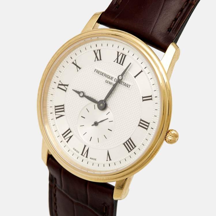 Pre Owned Frederique Constant Silver Gold Plated Stainless Steel Crococalf Leather Classic Slim Line FC200/220/235/245X4S25/6 Men's Wristwatch 37 mm