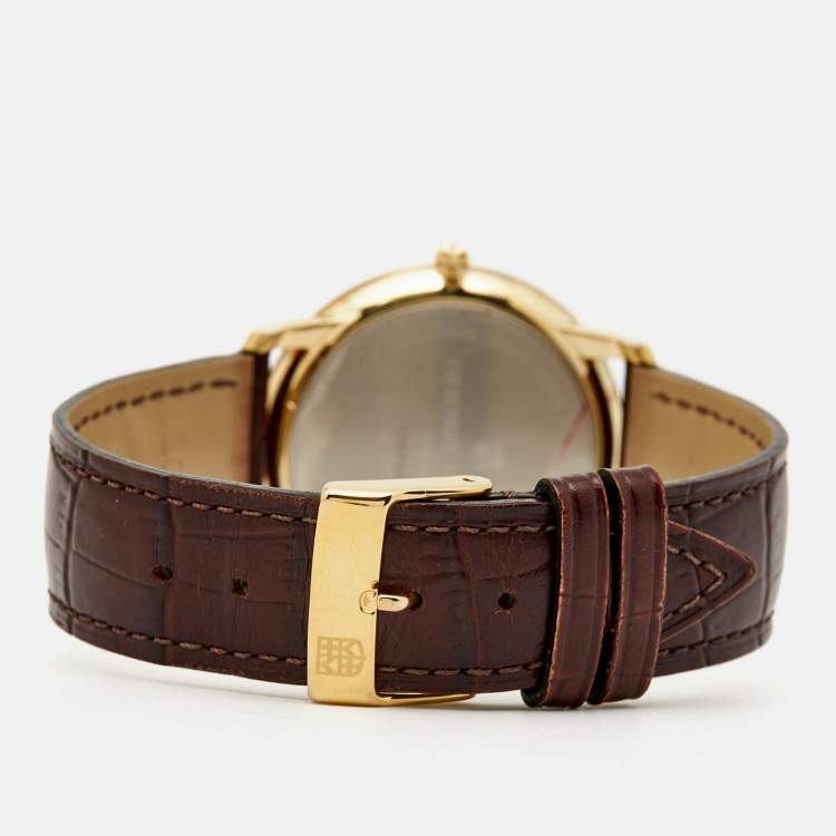 Pre Owned Frederique Constant Silver Gold Plated Stainless Steel Crococalf Leather Classic Slim Line FC200/220/235/245X4S25/6 Men's Wristwatch 37 mm