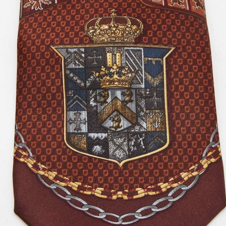 Pre Owned Gianfranco Ferre Brown Chain and Crest Printed Silk Tie