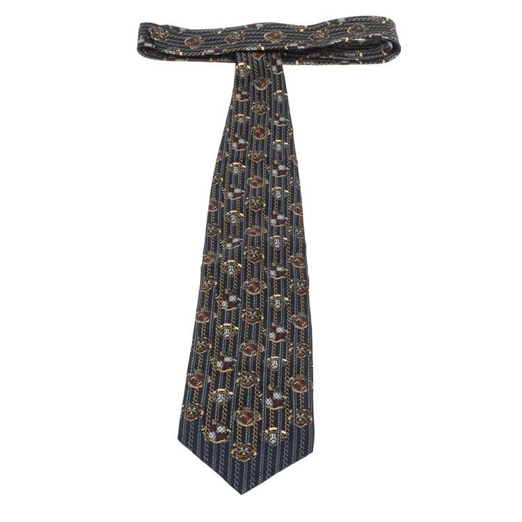 Pre Owned Gianfranco Ferre Vintage Navy Blue Printed Silk Tie 