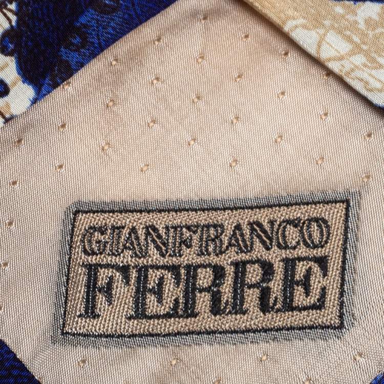 Pre Owned Gianfranco Ferre Blue & Cream Vine Print Silk Tie