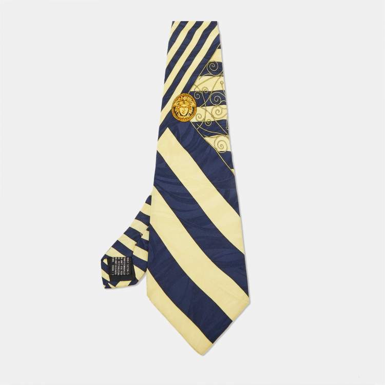 Pre Owned Gianni Versace Vintage Yellow/Blue Print Silk Traditional Tie
