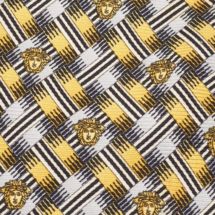 Pre Owned Gianni Versace Vintage Yellow Geometric Pattern Silk Jacquard Tie