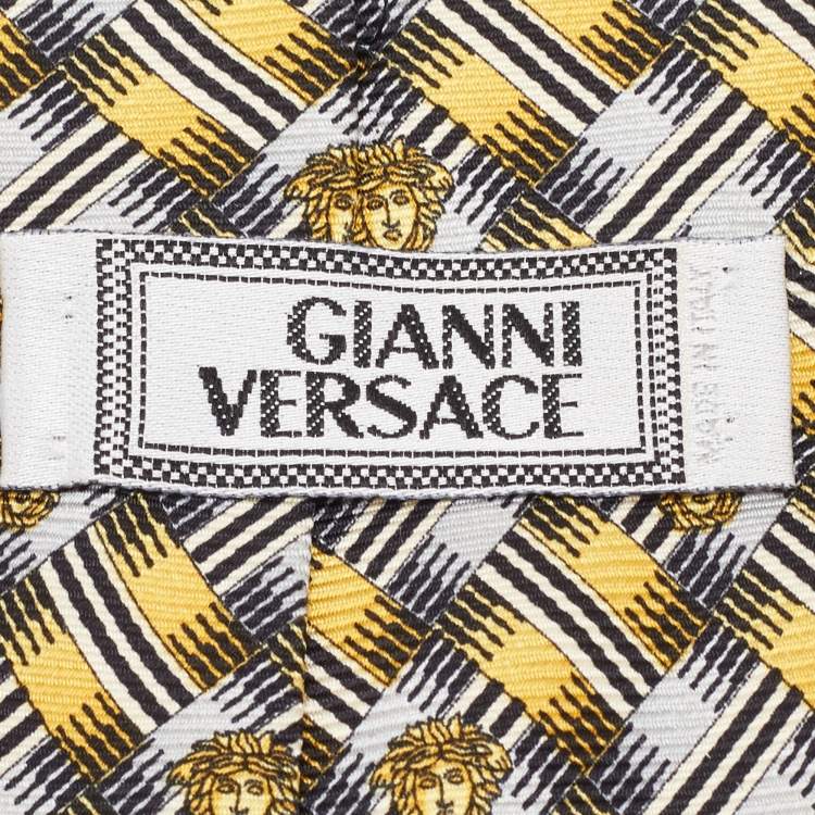 Pre Owned Gianni Versace Vintage Yellow Geometric Pattern Silk Jacquard Tie