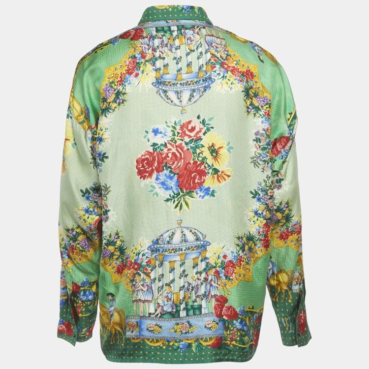 Pre Owned Gianni Versace Green Printed Silk Oversized Shirt L