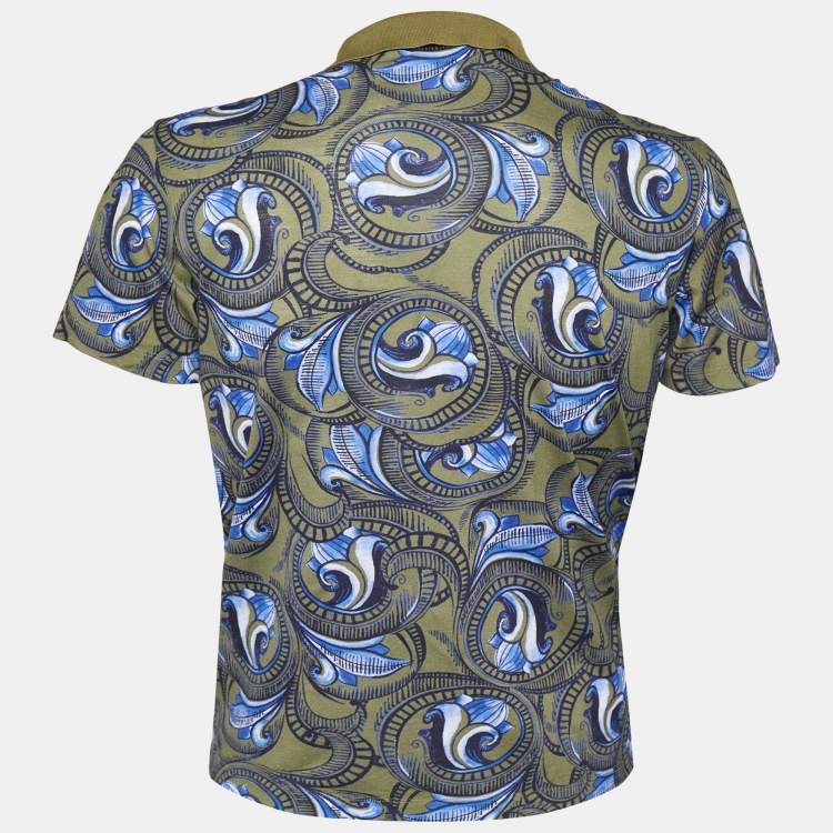 Pre Owned Versace Green Printed Cotton Pique Polo T-Shirt M