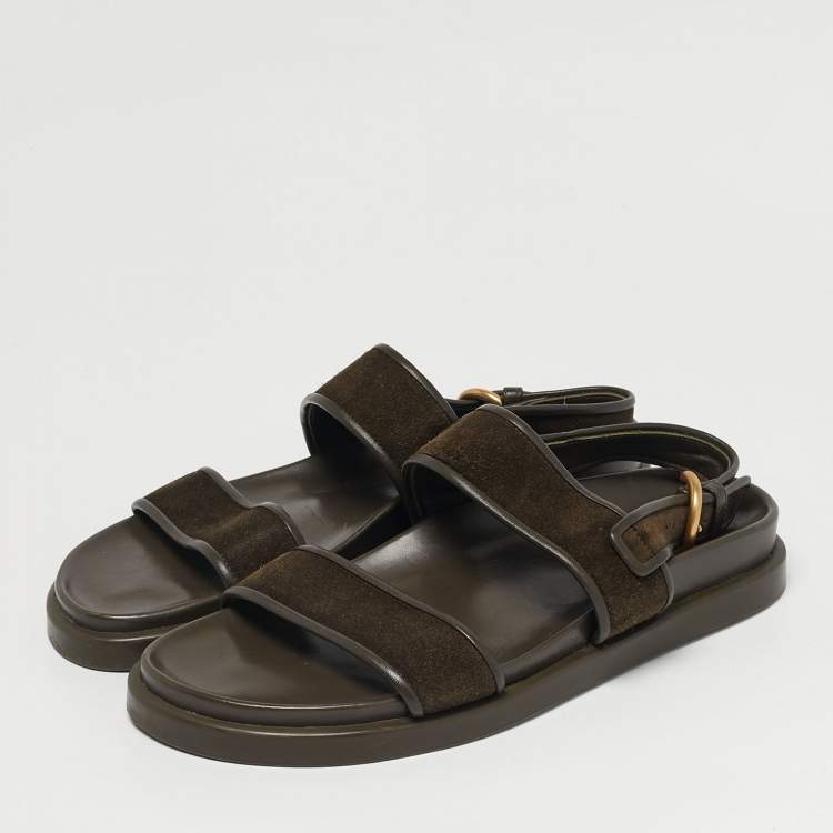 Pre Owned Gianvito Rossi Olive Green Leather and Suede Flat Sandals Size 42