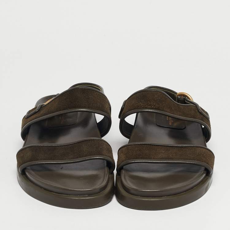 Pre Owned Gianvito Rossi Olive Green Leather and Suede Flat Sandals Size 42