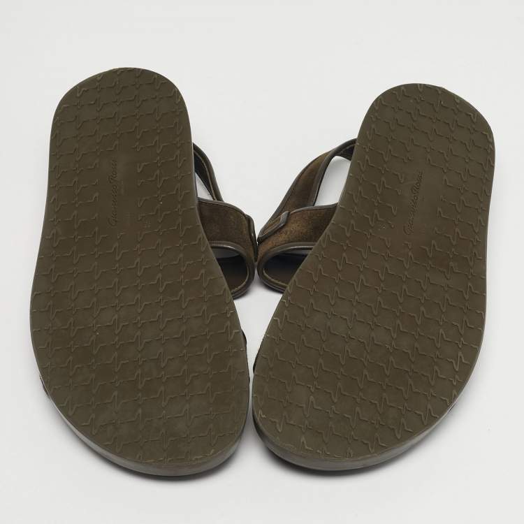 Pre Owned Gianvito Rossi Olive Green Leather and Suede Flat Sandals Size 42