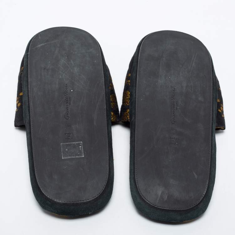 Pre Owned Gianvito Rossi Black/Gold Brocade Fabric Mules Size M