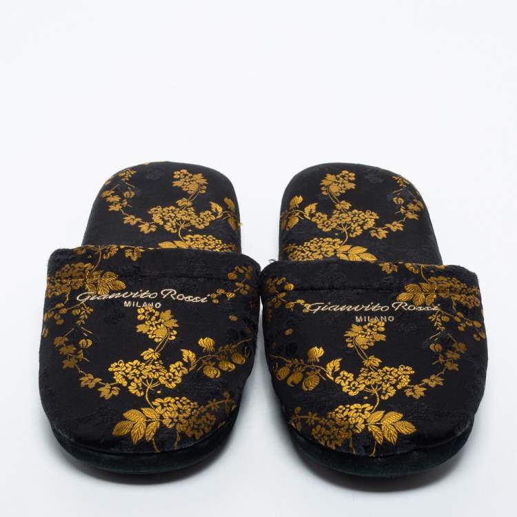 Pre Owned Gianvito Rossi Black/Gold Brocade Fabric Mules Size M