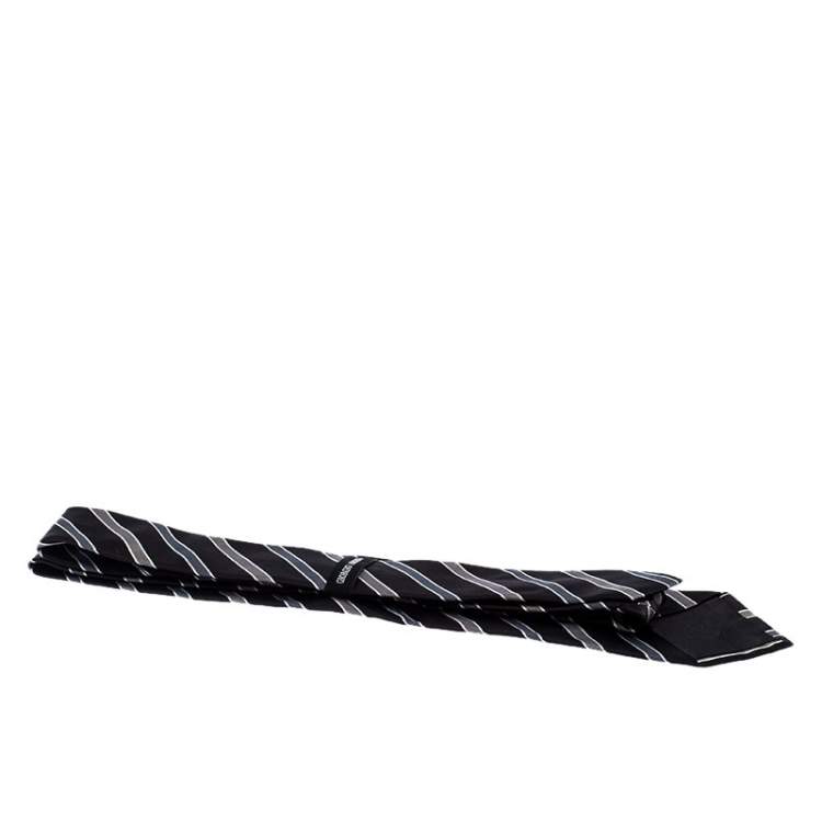 Pre Owned Giorgio Armani Black Silk Contrast Diagonal Striped Classic Tie