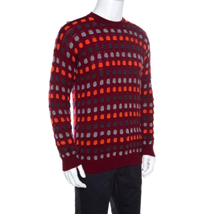 Pre Owned Giorgio Armani Maroon Textured Dotted Sweater M